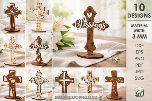 3D Christian Standing Crosses Bundle: Laser-Cut Stands