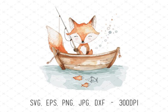 Baby Fox Fishing Clipart for Graphics and Illustrations