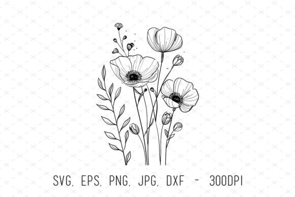 Flowers and Leaves Floral Line Art Graphics
