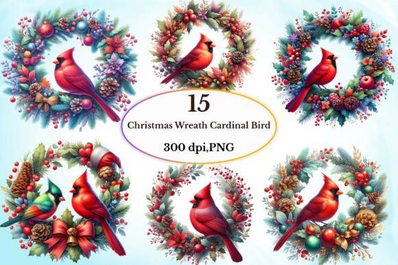 Watercolor Christmas Wreath Cardinal Graphics