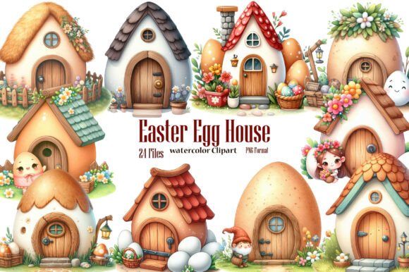 Watercolor Easter Egg House Clipart: Graphics & Illustrations