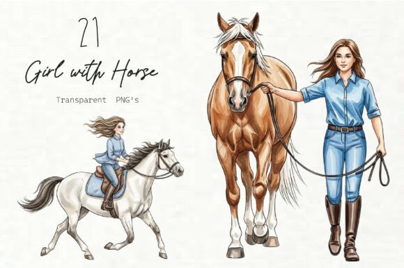 Watercolor Girl with Horse Clipart Graphics