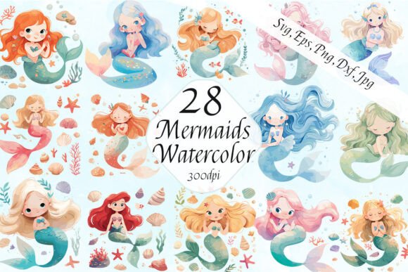Watercolor Mermaid Kids Nursery Clipart: Graphics & Illustrations