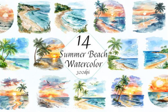 Watercolor Summer Beach Sunset Clipart