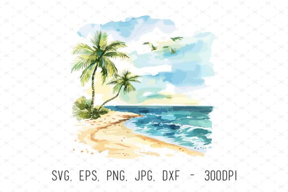 Watercolor Tropical Beach Landscape PNG Graphics